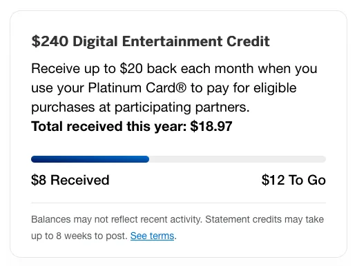 American Express Platinum Digital Credit - $8 used of $20 total