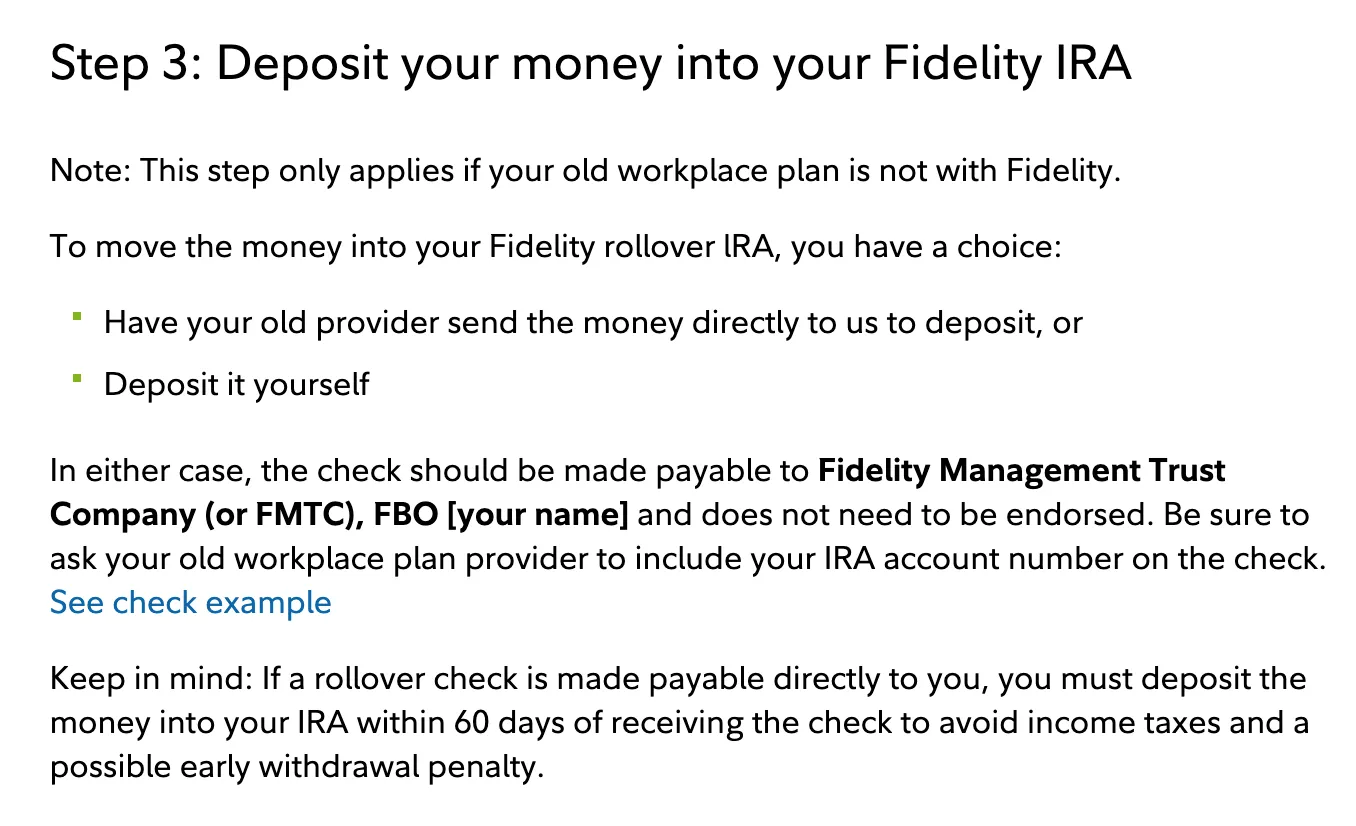 Fidelity’s instructions on rolling over an IRA via a check deposit